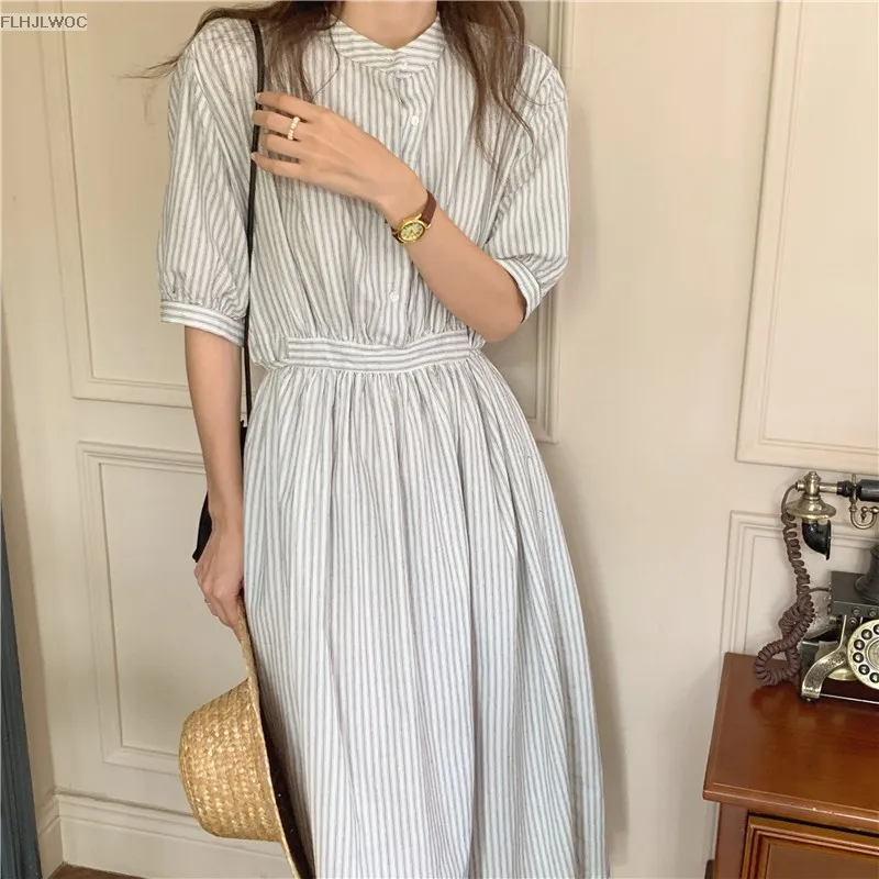 Chic Korea Feminine Vestidos Fashion Women Japan Korea Style Single Breasted Button Striped Long Shirt Dress