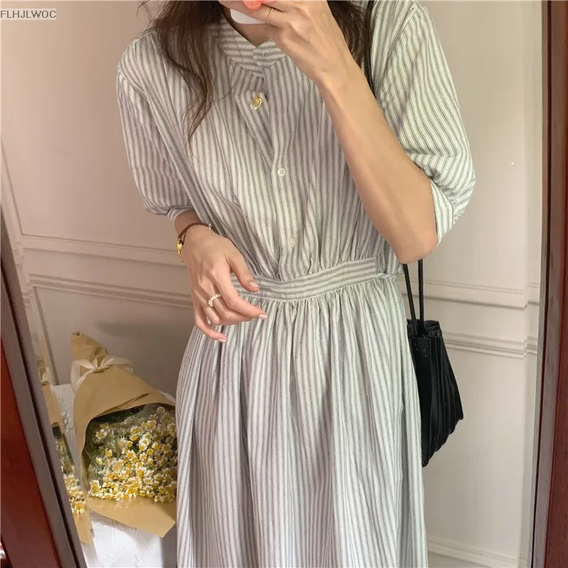 Chic Korea Feminine Vestidos Fashion Women Japan Korea Style Single Breasted Button Striped Long Shirt Dress