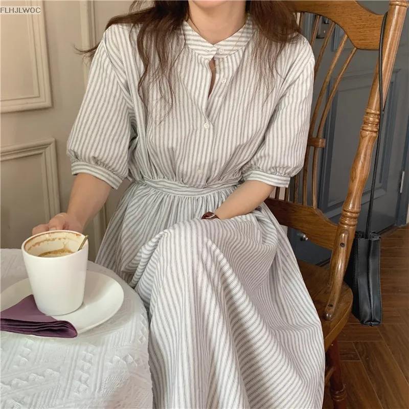 Chic Korea Feminine Vestidos Fashion Women Japan Korea Style Single Breasted Button Striped Long Shirt Dress