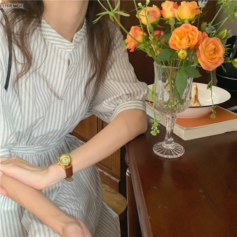 Chic Korea Feminine Vestidos Fashion Women Japan Korea Style Single Breasted Button Striped Long Shirt Dress