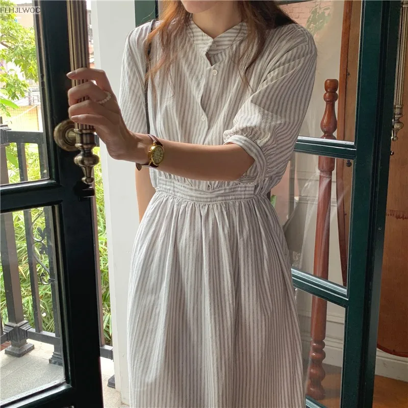 Chic Korea Feminine Vestidos Fashion Women Japan Korea Style Single Breasted Button Striped Long Shirt Dress