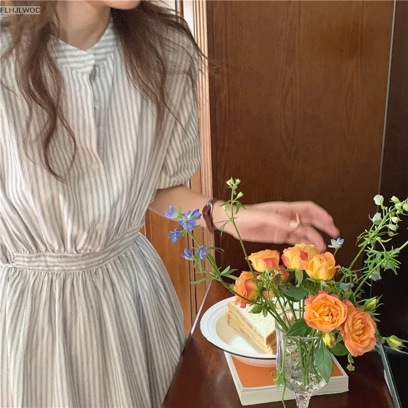 Chic Korea Feminine Vestidos Fashion Women Japan Korea Style Single Breasted Button Striped Long Shirt Dress