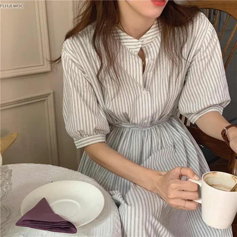 Chic Korea Feminine Vestidos Fashion Women Japan Korea Style Single Breasted Button Striped Long Shirt Dress
