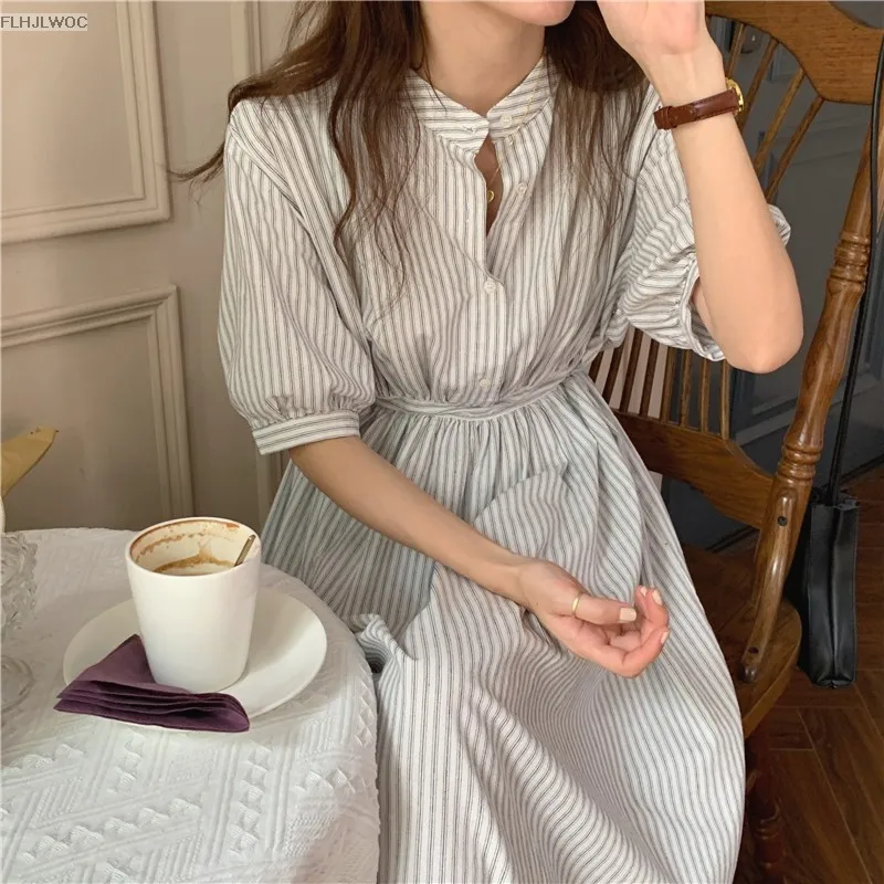 Chic Korea Feminine Vestidos Fashion Women Japan Korea Style Single Breasted Button Striped Long Shirt Dress