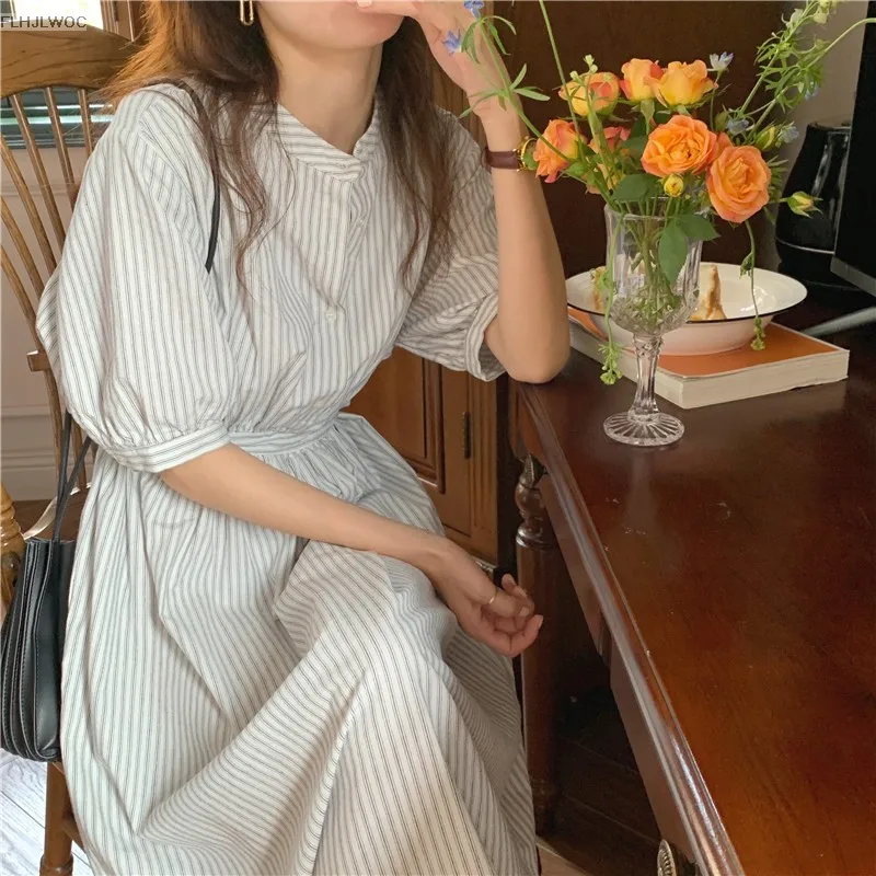 Chic Korea Feminine Vestidos Fashion Women Japan Korea Style Single Breasted Button Striped Long Shirt Dress