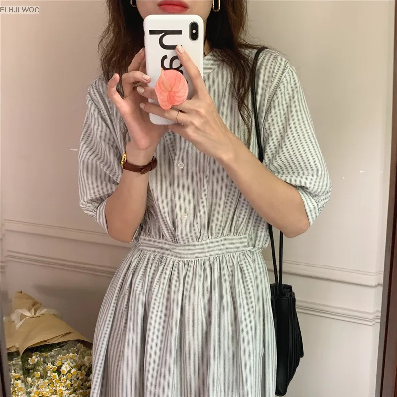 Chic Korea Feminine Vestidos Fashion Women Japan Korea Style Single Breasted Button Striped Long Shirt Dress