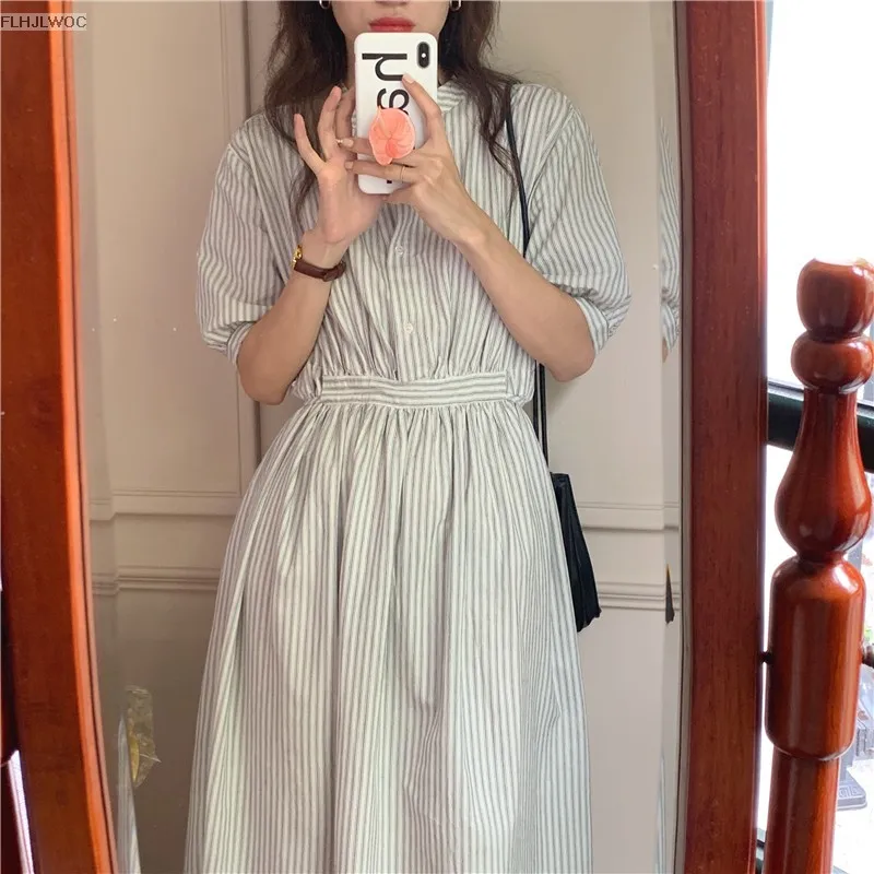 Chic Korea Feminine Vestidos Fashion Women Japan Korea Style Single Breasted Button Striped Long Shirt Dress