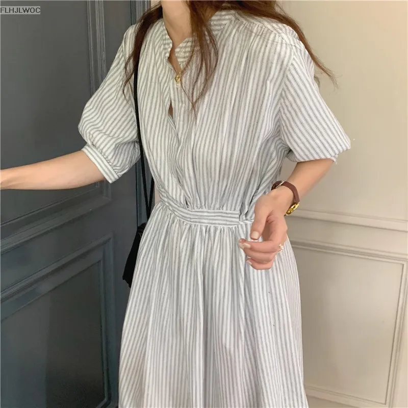 Chic Korea Feminine Vestidos Fashion Women Japan Korea Style Single Breasted Button Striped Long Shirt Dress