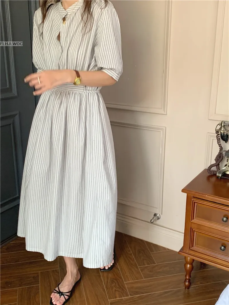 Chic Korea Feminine Vestidos Fashion Women Japan Korea Style Single Breasted Button Striped Long Shirt Dress