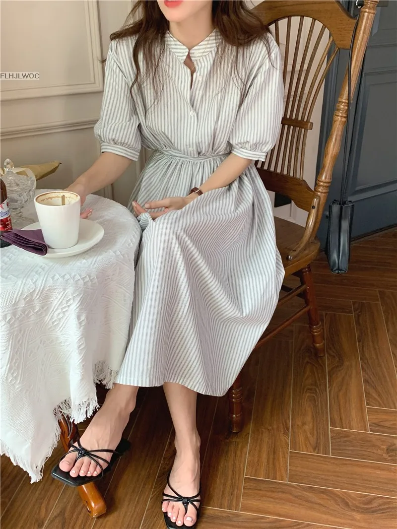 Chic Korea Feminine Vestidos Fashion Women Japan Korea Style Single Breasted Button Striped Long Shirt Dress