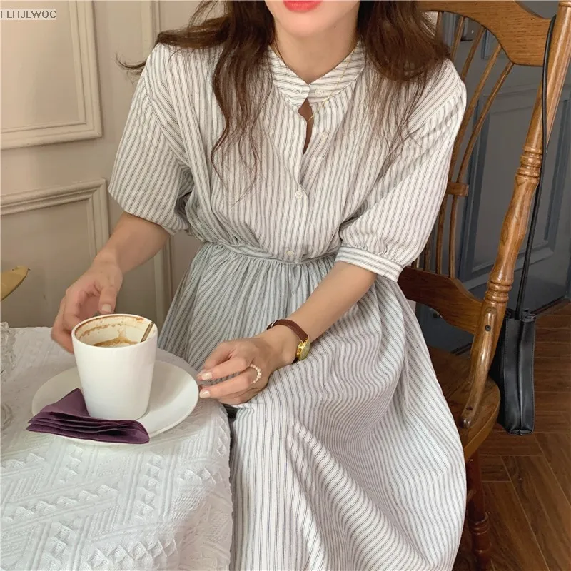 Chic Korea Feminine Vestidos Fashion Women Japan Korea Style Single Breasted Button Striped Long Shirt Dress