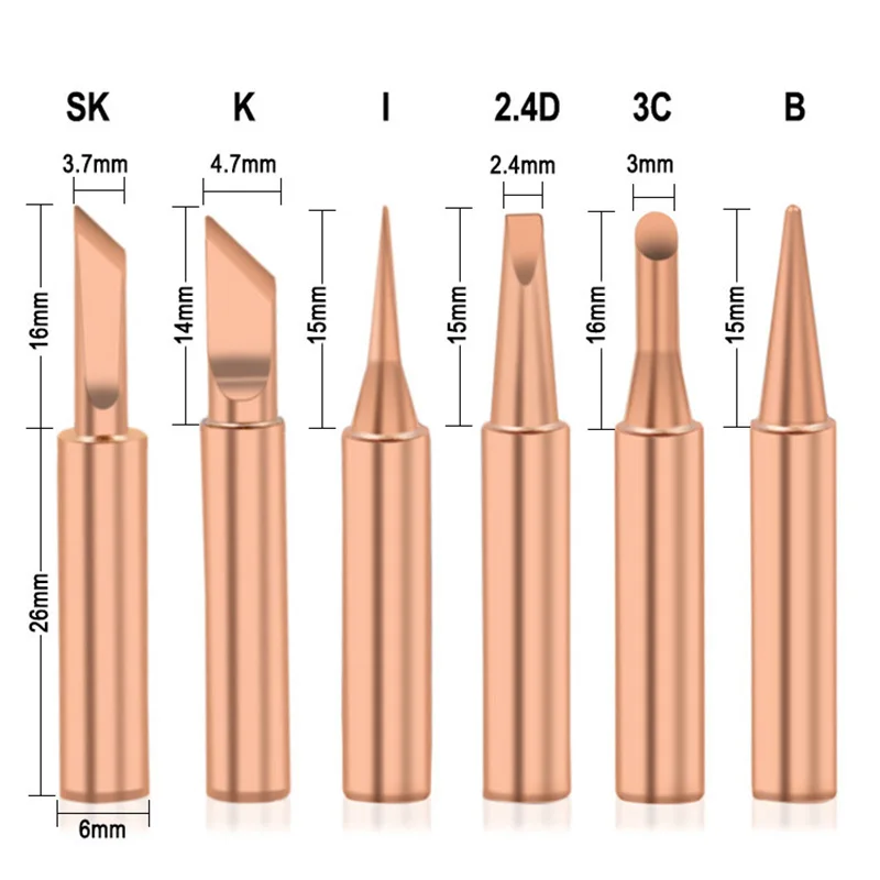 5Pcs Pure Copper Soldering Iron Tips Set I+B+K+2.4D+3C Electric Hot Bare Copper Head 900M for DIY Craft And Electronic Repair