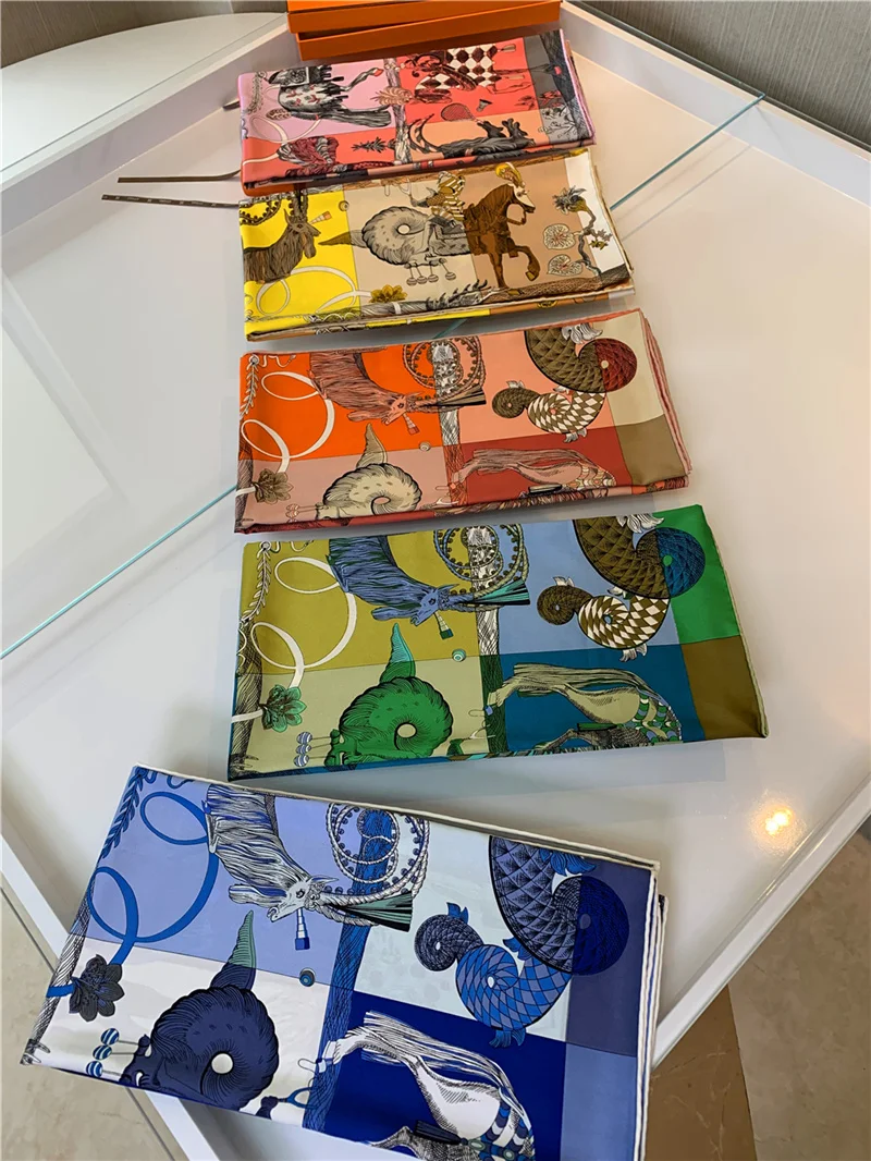Luxury Brand Twill Silk Large Scarf Women Handmade curling horse rider animal female twill square shawl FashionBelt SquareScarve