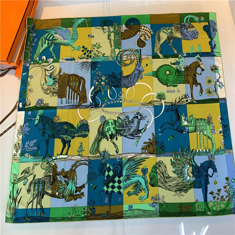 Luxury Brand Twill Silk Large Scarf Women Handmade curling horse rider animal female twill square shawl FashionBelt SquareScarve