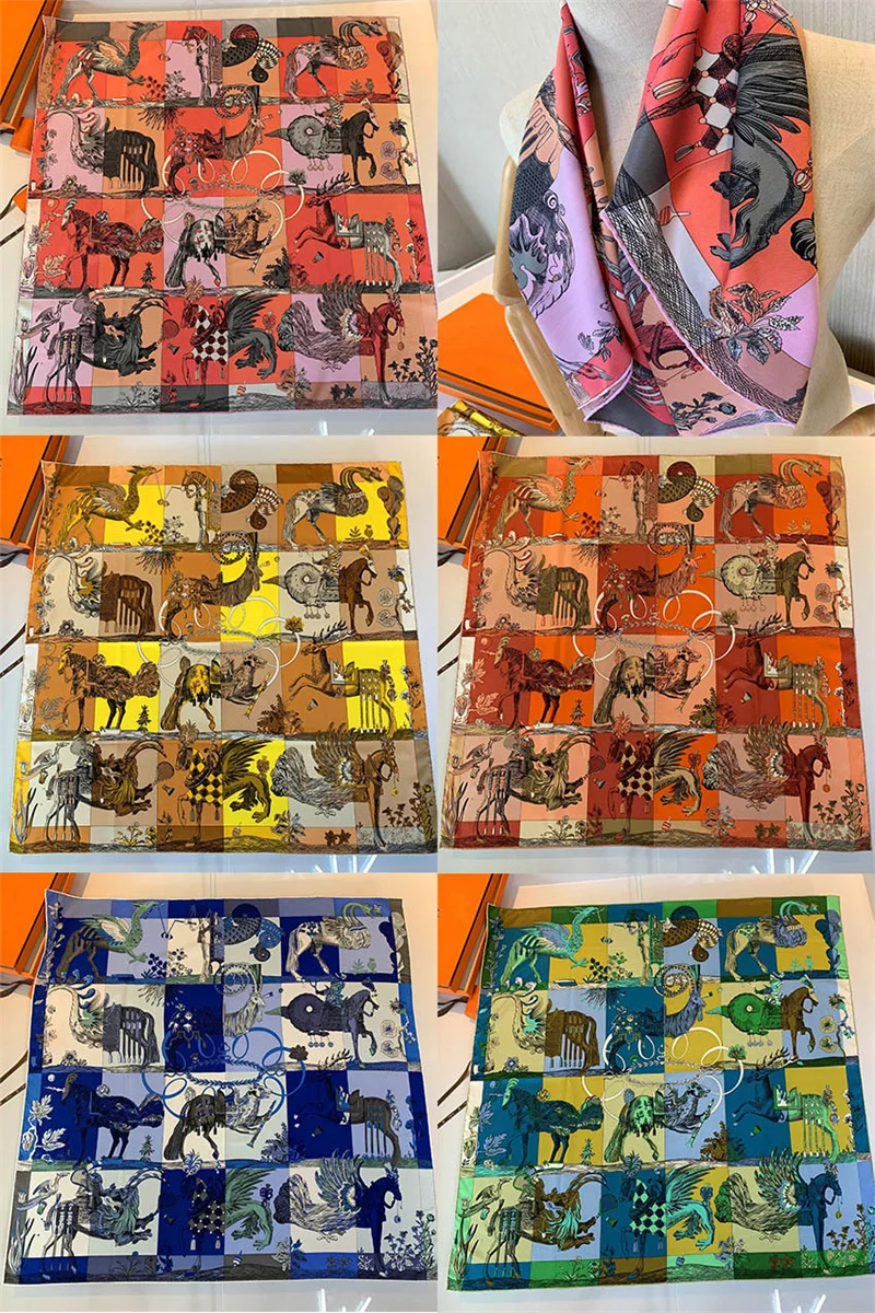 Luxury Brand Twill Silk Large Scarf Women Handmade curling horse rider animal female twill square shawl FashionBelt SquareScarve