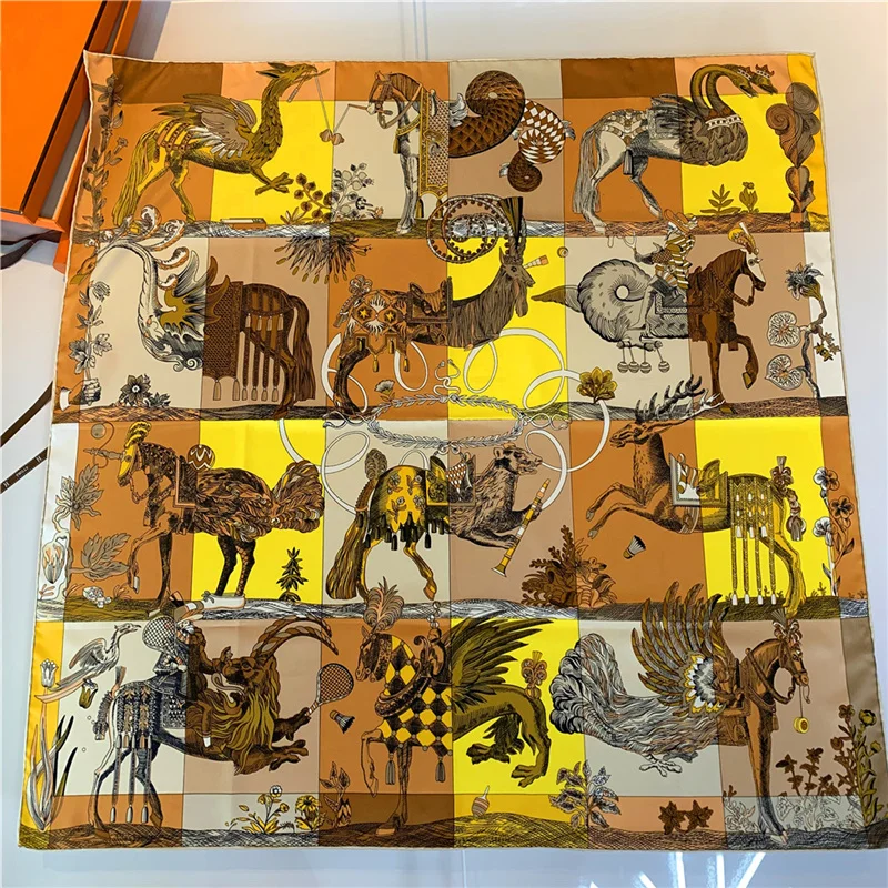 Luxury Brand Twill Silk Large Scarf Women Handmade curling horse rider animal female twill square shawl FashionBelt SquareScarve