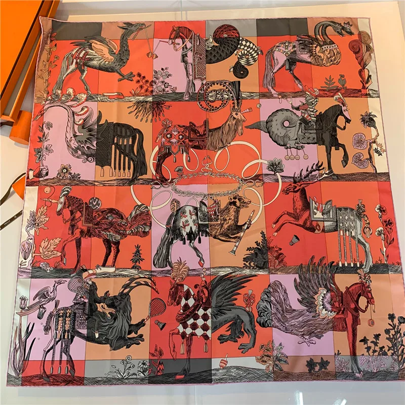 Luxury Brand Twill Silk Large Scarf Women Handmade curling horse rider animal female twill square shawl FashionBelt SquareScarve