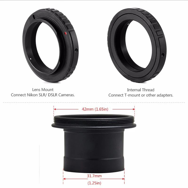 1.25" T-mount Metal Telescope Adapter and Canon EOS Nikon Sony SLR/DSLR Cameras T-ring Astronomical Telescope Photography