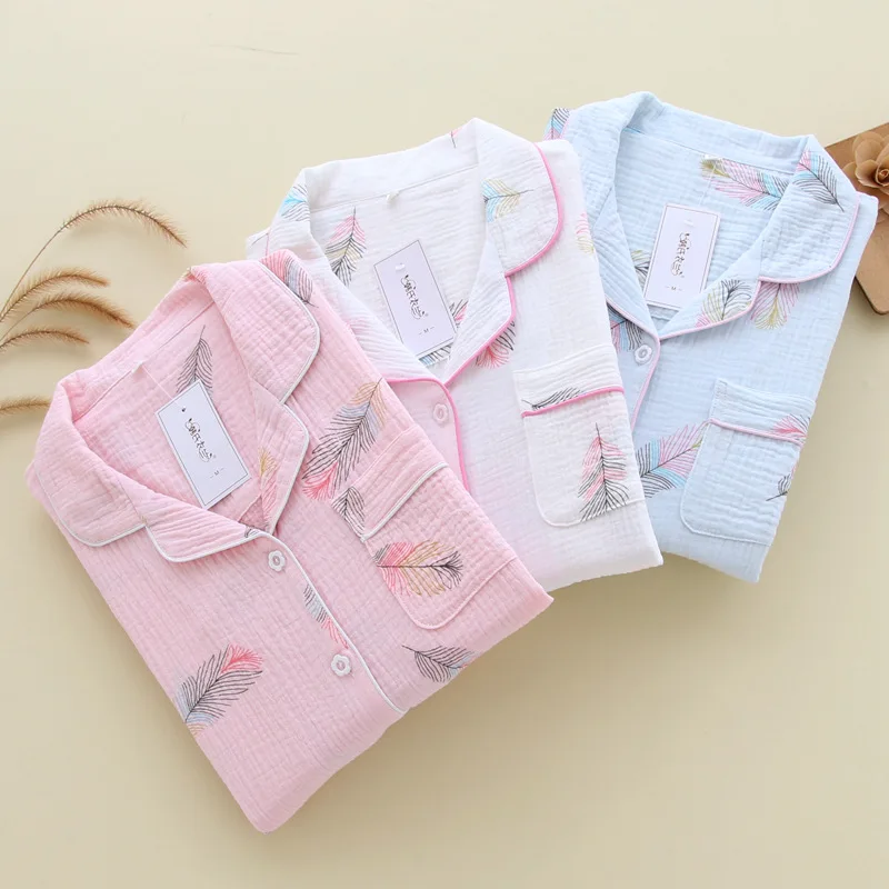 New Large Size Pajamas Women Cotton Crepe Home Service Cotton Long Sleeve Trousers Suit Simple And Comfortable Summer And Autumn