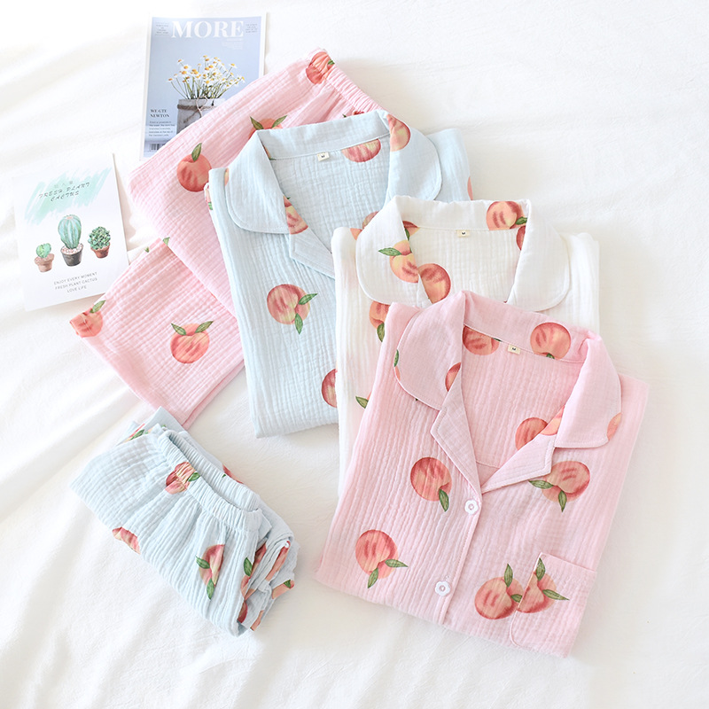 New Large Size Pajamas Women Cotton Crepe Home Service Cotton Long Sleeve Trousers Suit Simple And Comfortable Summer And Autumn