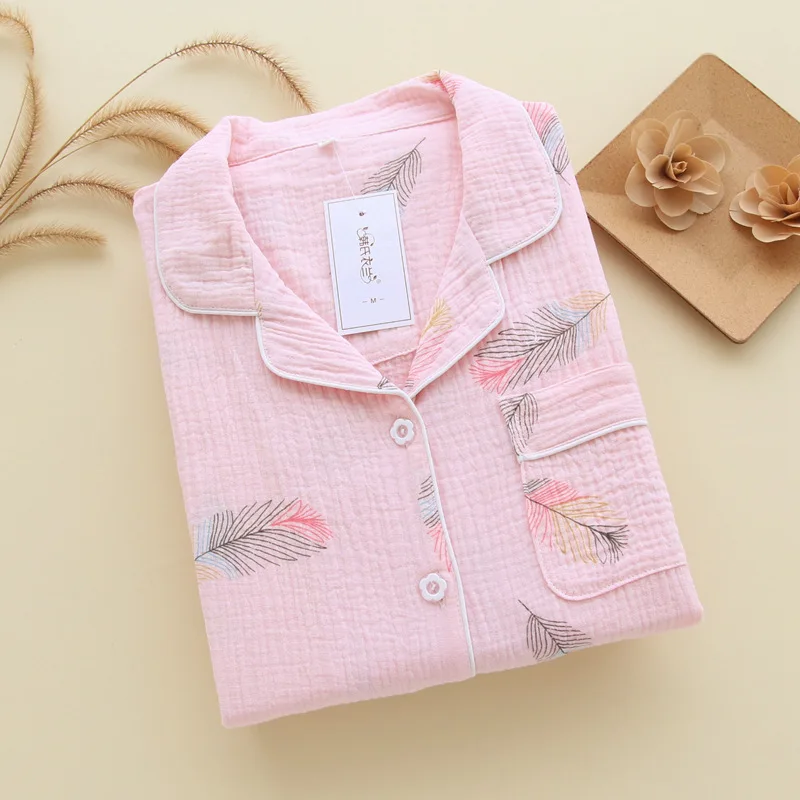 New Large Size Pajamas Women Cotton Crepe Home Service Cotton Long Sleeve Trousers Suit Simple And Comfortable Summer And Autumn