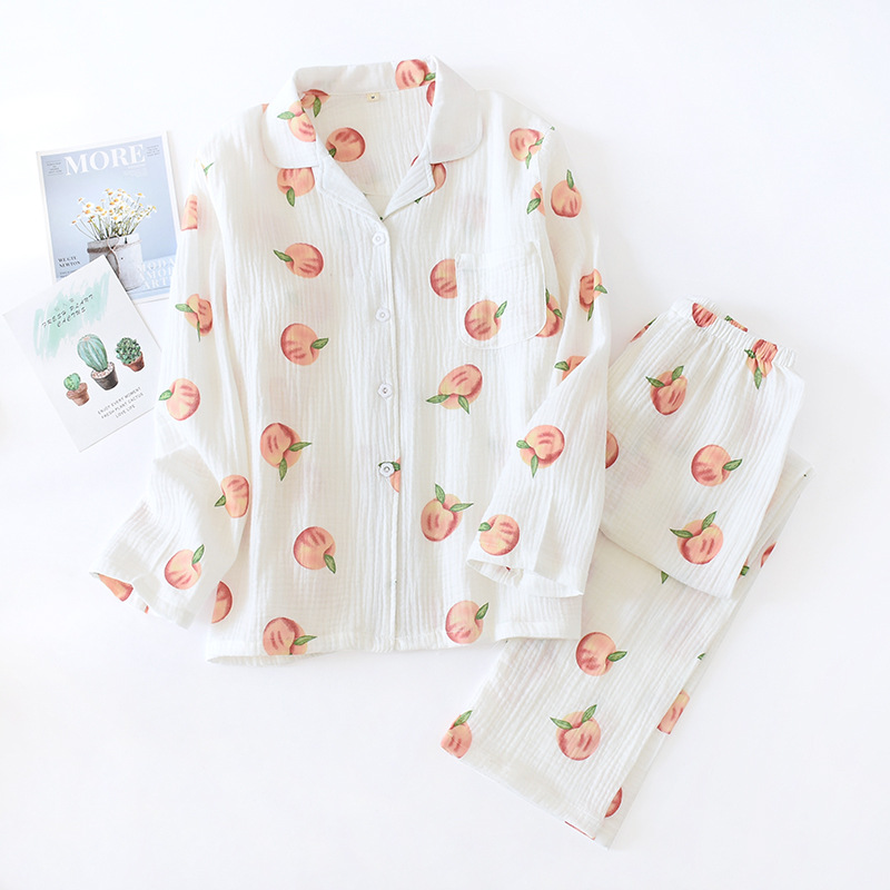 New Large Size Pajamas Women Cotton Crepe Home Service Cotton Long Sleeve Trousers Suit Simple And Comfortable Summer And Autumn