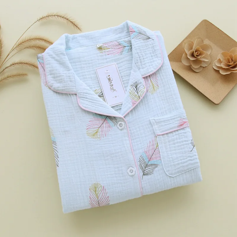 New Large Size Pajamas Women Cotton Crepe Home Service Cotton Long Sleeve Trousers Suit Simple And Comfortable Summer And Autumn