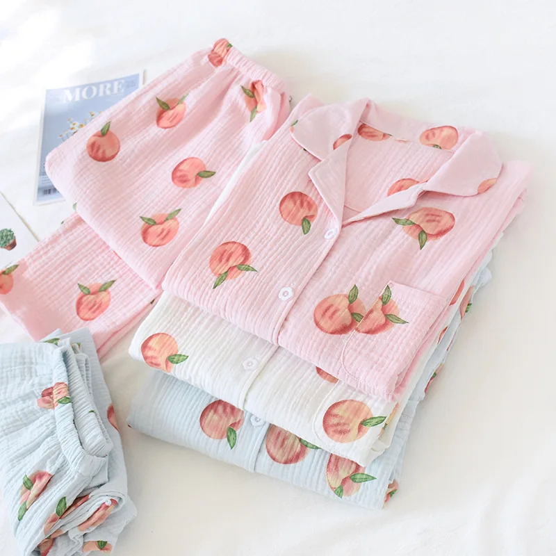 New Large Size Pajamas Women Cotton Crepe Home Service Cotton Long Sleeve Trousers Suit Simple And Comfortable Summer And Autumn