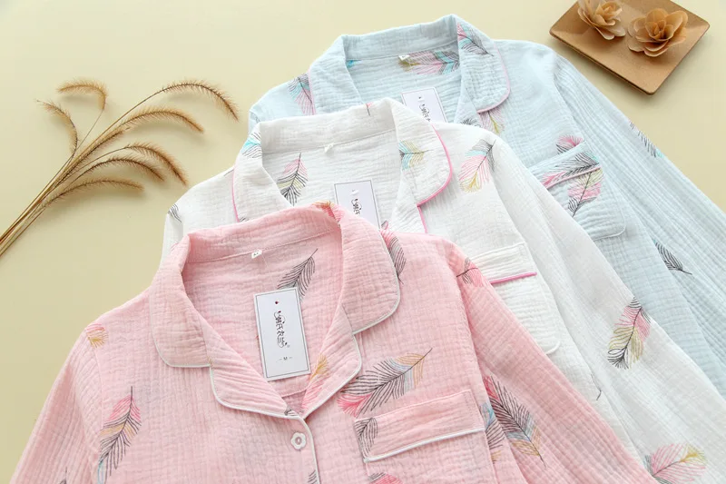New Large Size Pajamas Women Cotton Crepe Home Service Cotton Long Sleeve Trousers Suit Simple And Comfortable Summer And Autumn