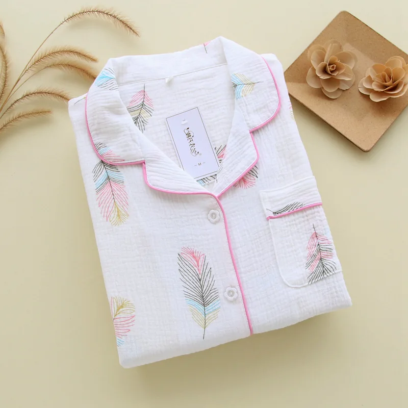 New Large Size Pajamas Women Cotton Crepe Home Service Cotton Long Sleeve Trousers Suit Simple And Comfortable Summer And Autumn