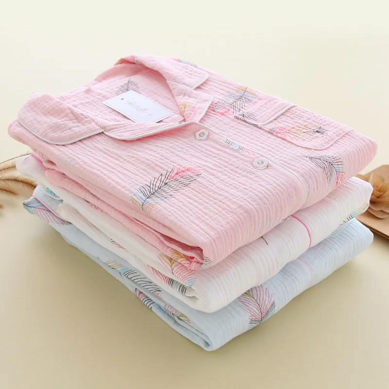 New Large Size Pajamas Women Cotton Crepe Home Service Cotton Long Sleeve Trousers Suit Simple And Comfortable Summer And Autumn