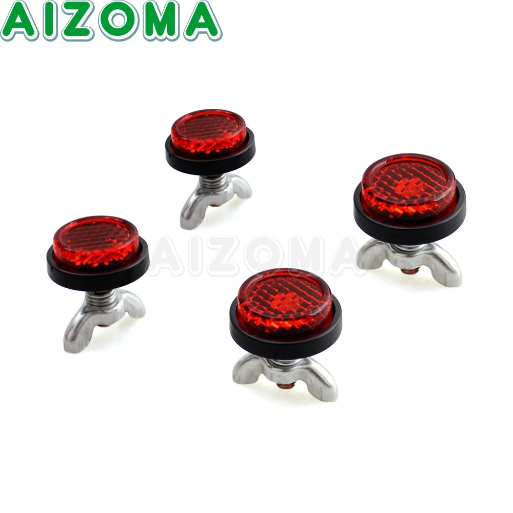 Off-road 4pc Reflective Tag Bolt Screws Rear License Plate Warning Reflector Red Safety Lens For Motorcycle Trunk Car Scooter