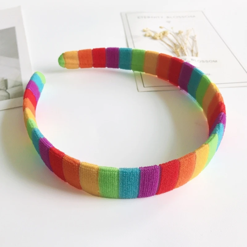 Women Autumn Wash Face Plush Headband Rainbow Striped Elastic Styling Hair Hoop 634C