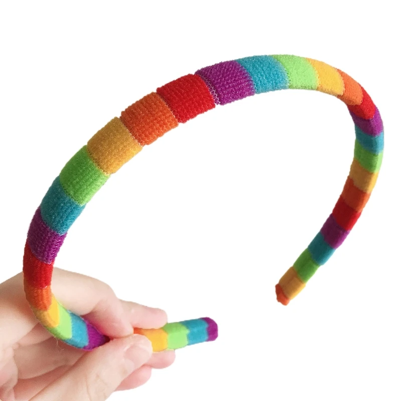 Women Autumn Wash Face Plush Headband Rainbow Striped Elastic Styling Hair Hoop 634C