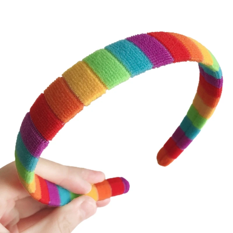 Women Autumn Wash Face Plush Headband Rainbow Striped Elastic Styling Hair Hoop 634C