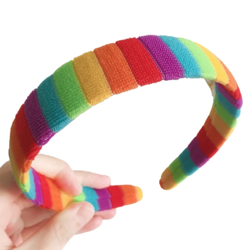Women Autumn Wash Face Plush Headband Rainbow Striped Elastic Styling Hair Hoop 634C