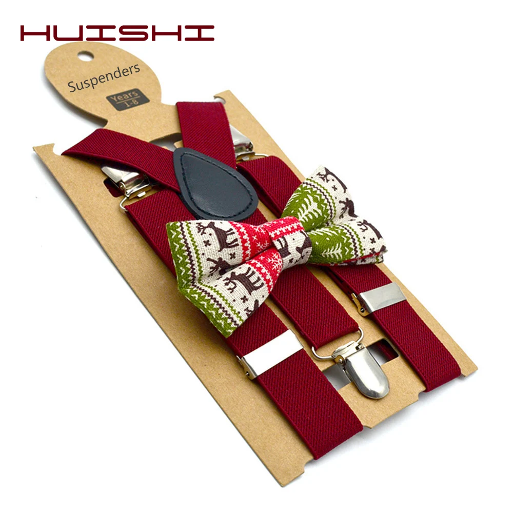 HUISHI Suspenders Kids Boy Girl Childrens Christmas Bow Tie Red Blue Suspenders Wedding Costume Adjustable Y-Back Black Braces