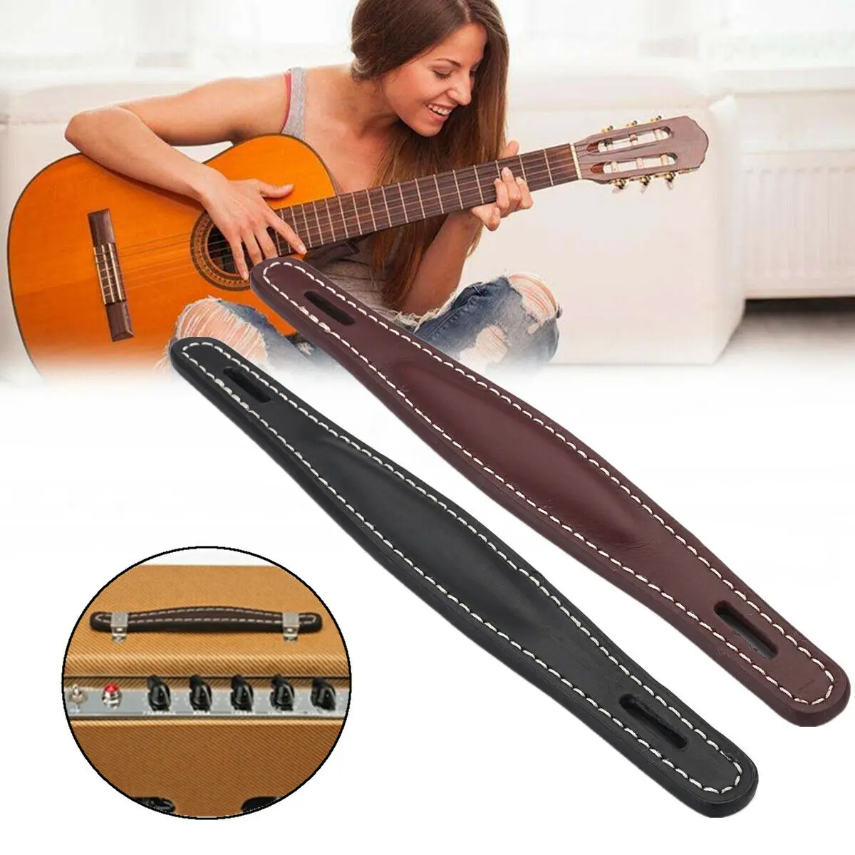 Ampmart 1pcs VINTAGE AMPLIFIER HANDLE BROWN LEATHER FOR FENDER AMP FLAT TYPE