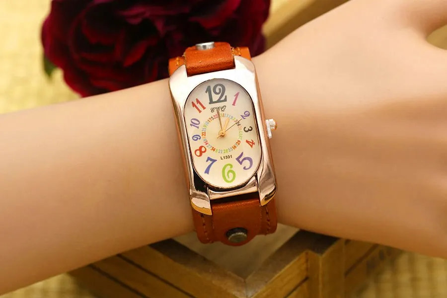 Shsby Cow Leather Strap Color Digital Rectangle Watch Women Bracelet Watches Female Bronze Quartz Watch Student Leisure Watch