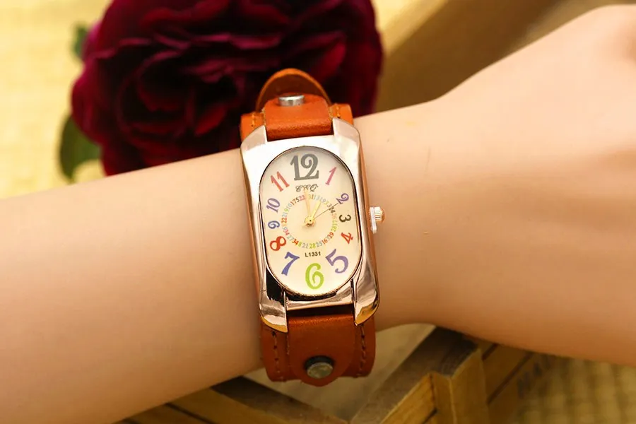Shsby Cow Leather Strap Color Digital Rectangle Watch Women Bracelet Watches Female Bronze Quartz Watch Student Leisure Watch