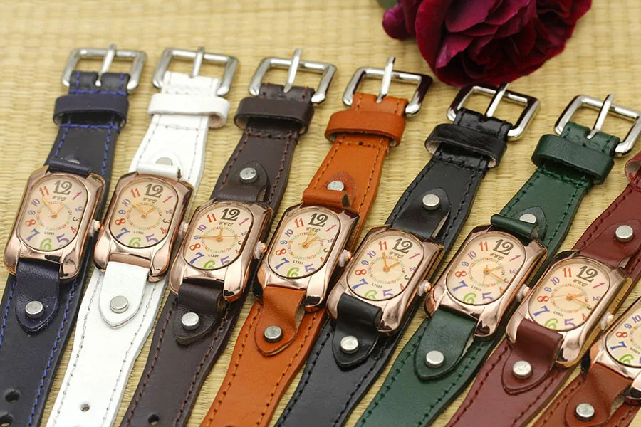 Shsby Cow Leather Strap Color Digital Rectangle Watch Women Bracelet Watches Female Bronze Quartz Watch Student Leisure Watch