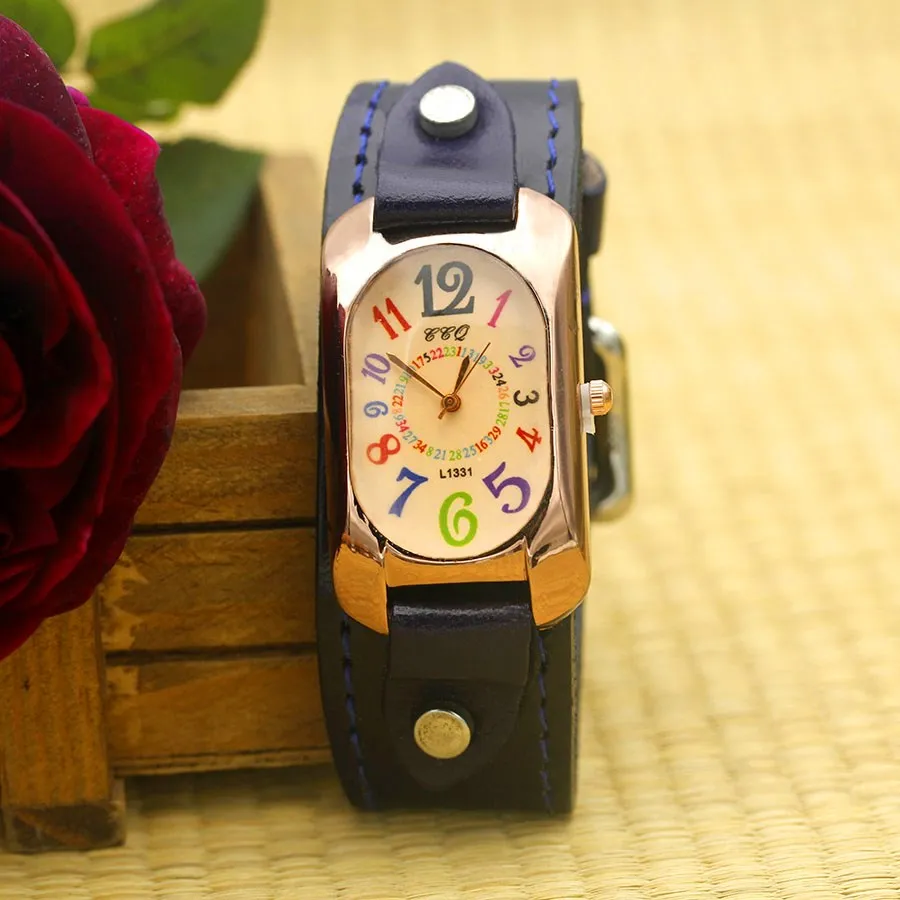 Shsby Cow Leather Strap Color Digital Rectangle Watch Women Bracelet Watches Female Bronze Quartz Watch Student Leisure Watch