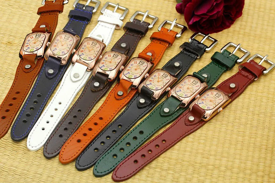 Shsby Cow Leather Strap Color Digital Rectangle Watch Women Bracelet Watches Female Bronze Quartz Watch Student Leisure Watch