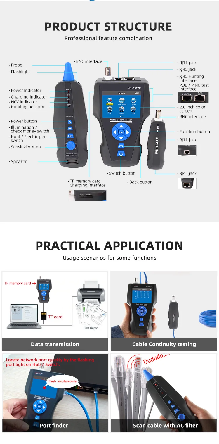 NOYAFA NF-8601S Network Cable Tester Multifunction TDR Length With PoE/PING/Port Voltage Wiremap Tracker Diagnose Tool Detector