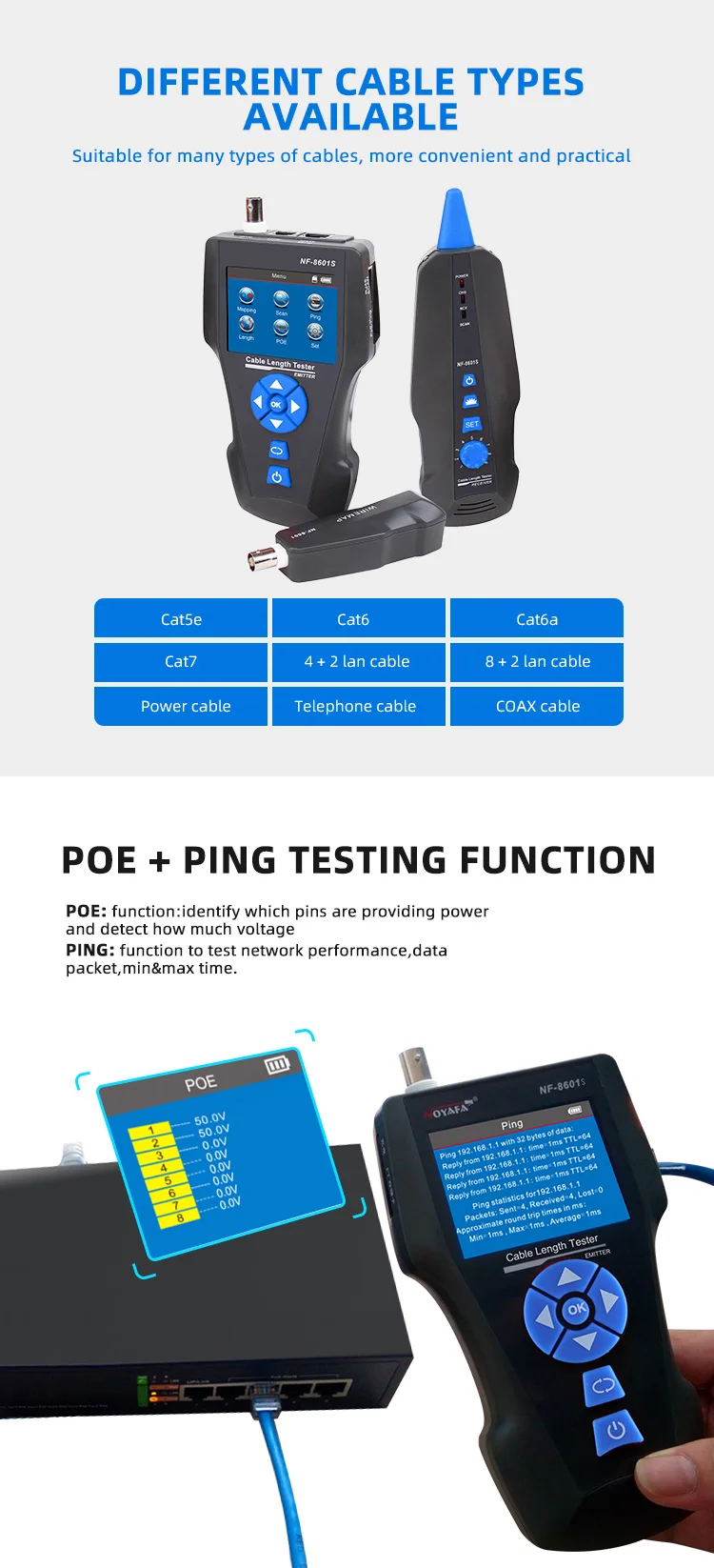 NOYAFA NF-8601S Network Cable Tester Multifunction TDR Length With PoE/PING/Port Voltage Wiremap Tracker Diagnose Tool Detector