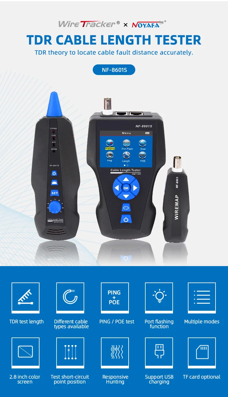 NOYAFA NF-8601S Network Cable Tester Multifunction TDR Length With PoE/PING/Port Voltage Wiremap Tracker Diagnose Tool Detector