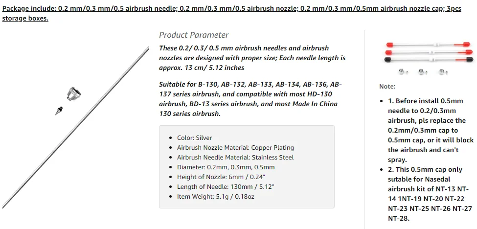 1/3pcs set 0.2/0.3/0.5mm Airbrush Nozzle Needle Airbrushes Spray Gun Spraying Paint Sprayer Replacement parts Tool Accessories