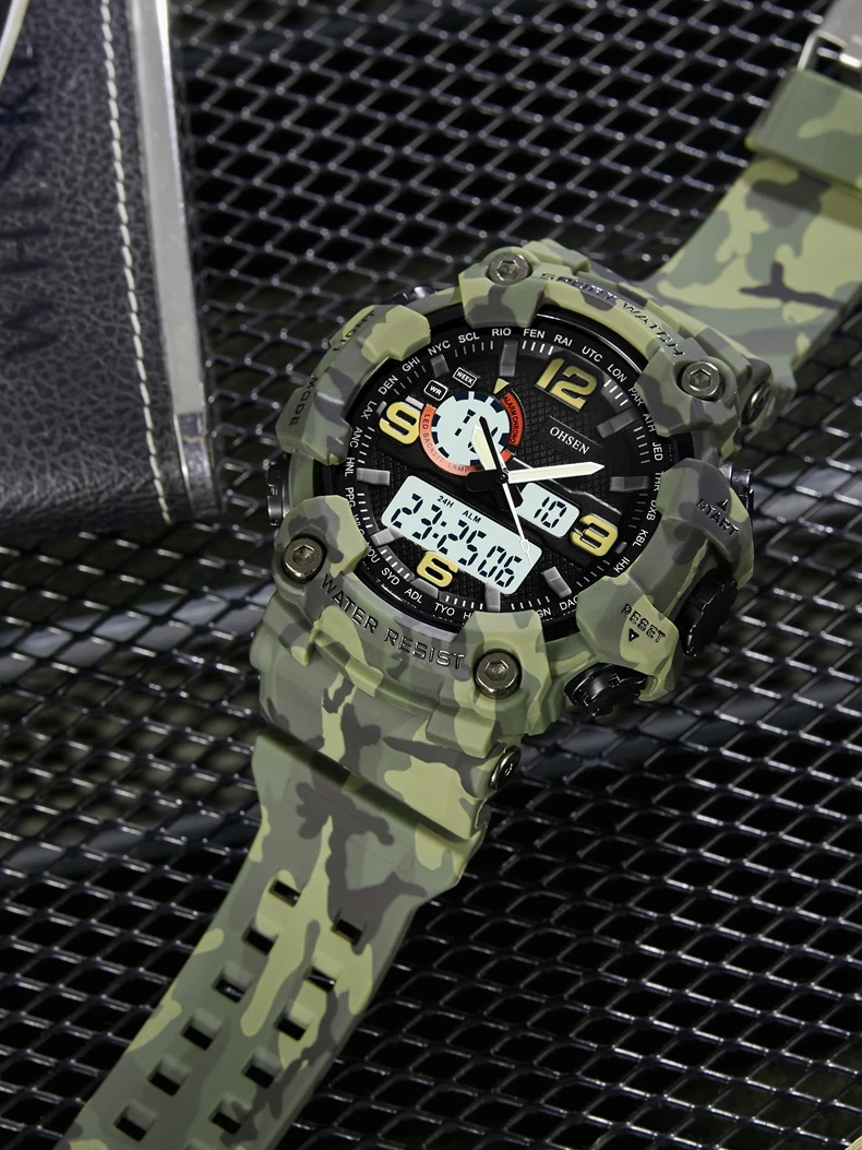 Fashion Quartz Digital Men Watch Dual Time Army Green Sport Man Wristwatches Reloj Hombre Waterproof Led Male Diver Watches Gift