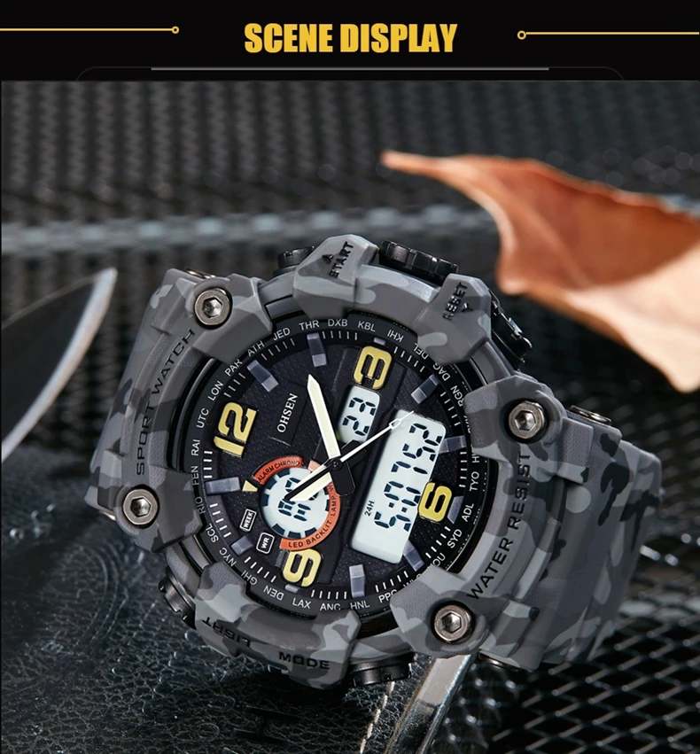 Fashion Quartz Digital Men Watch Dual Time Army Green Sport Man Wristwatches Reloj Hombre Waterproof Led Male Diver Watches Gift