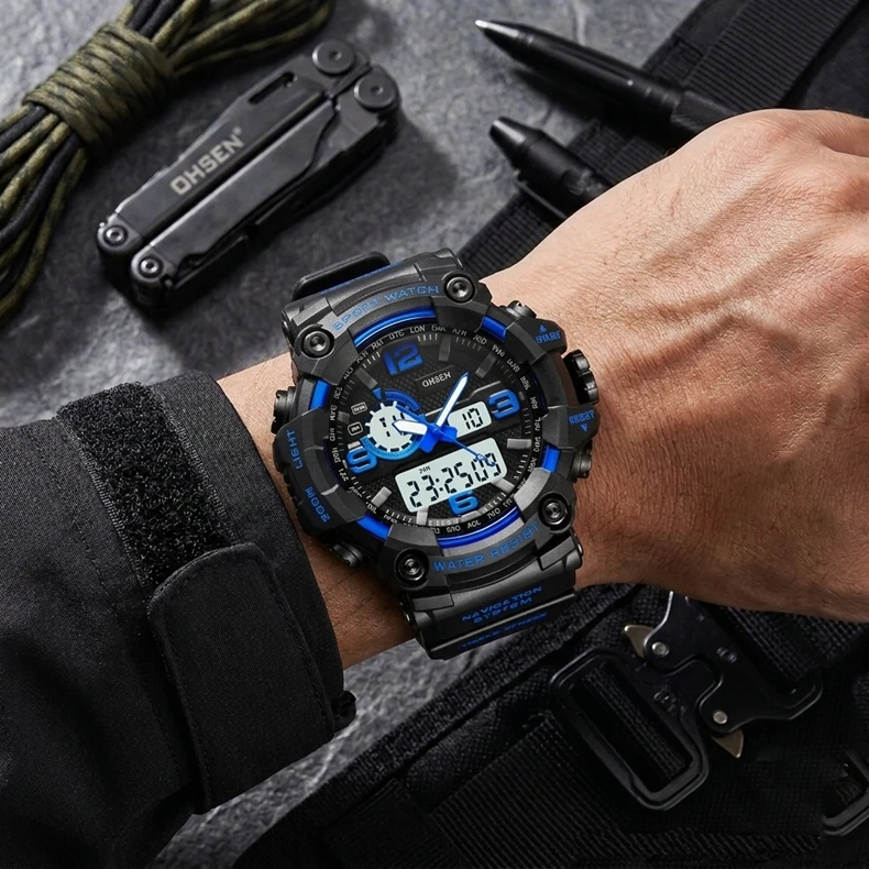 Fashion Quartz Digital Men Watch Dual Time Army Green Sport Man Wristwatches Reloj Hombre Waterproof Led Male Diver Watches Gift
